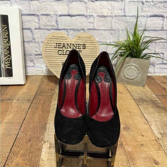 CHLOE Black Suede Block Chunky Heel Pump Shoes Round Toe Size Euro 39.5 US 9.5 - Picture 4 of 16